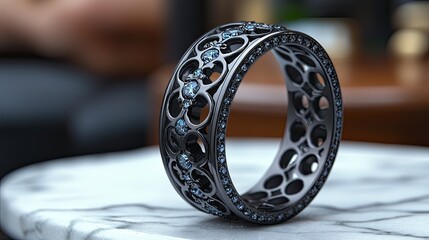 Black ring with blue gems, close-up, marble surface, blurred background, jewelry advertisement.
