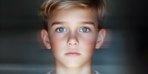 A close-up portrait of a young boy with striking blue eyes and light brown hair, conveying a sense of curiosity or contemplation. Concept Close-Up Portrait, Young Boy, Striking Blue Eyes
