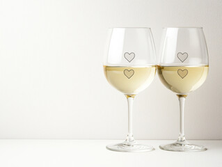 Fototapeta premium Elegant wine glasses with heart designs, filled with white wine, create romantic atmosphere. Perfect for celebrations or intimate gatherings. Valentines Concept