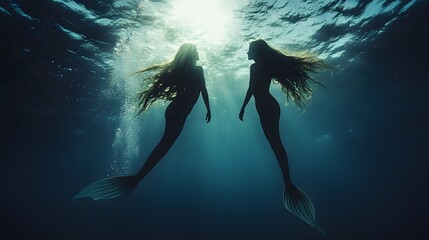 Two Silhouetted Mermaids Swim Gracefully Underwater