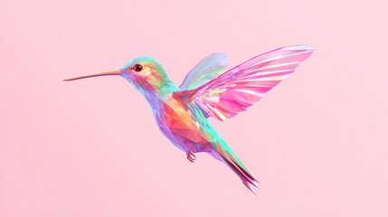 Obraz premium Vibrant Low-Poly Hummingbird in Full Flight against Dusty Pink Background - Ultra-Detailed Cinematic Image