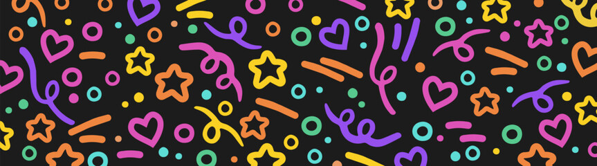 Seamless pattern of playful, abstract doodles, colorful linear shapes, modern doodle style.  Multicolor abstract background. Vector 