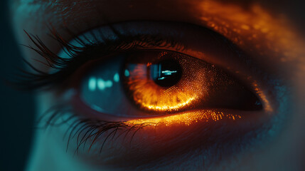 Naklejka premium An extreme close-up of an eye with illuminated digital patterns forming the iris, representing innovative vision and advanced artificial intelligence integration in advertising concepts.