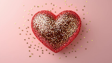 Obraz premium Red Glitter Heart with Sparkling Gold Particles on Pink Background
