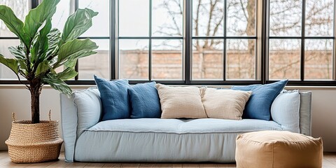 Cozy living room, large windows, natural light, potted tree, comfortable blue sofa, woven basket, throw pillows, minimalist interior, Scandinavian design, soft textures, tranquil atmosphere, muted col