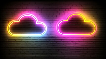 Neon Cloud Signs Illuminate Brick Wall