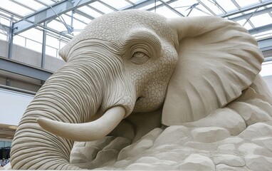 High sand sculpture of elephant's head with realistic wrinkles and texture