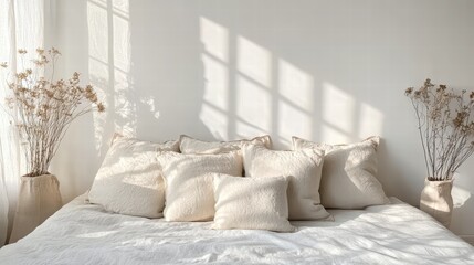 Serene White Bed with Beige Cushions Cozy Bedroom Interior Design Natural Light Minimalist Aesthetic