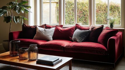 Interior design, cozy living room, large windows, natural light, burgundy velvet sofa, white throw pillows, wooden coffee table, potted plant, vase with flowers, warm atmosphere, elegant decor, window