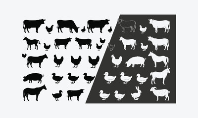 Fototapeta premium Farm animals silhouette pattern. Collection of domestic cattle. Illustration isolated on white, easily editable.