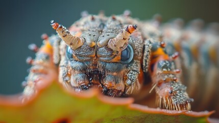 Fototapeta premium Magnificent Close-Up of a Unique Horned Caterpillar on a Leaf, Detailed Macro Photography of Insect