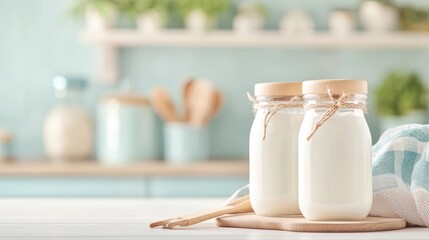 A warm and inviting kitchen setting with jars of yogurt incubating in a yogurt maker, surrounded by cozy textiles and cooking utensils, showcasing the homemade yogurt making process.
