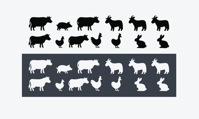 Farm animals silhouette pattern. Collection of domestic cattle. Illustration isolated on white, easily editable.