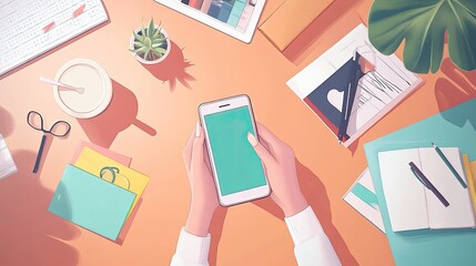 Lifestyle influencer at a modern desk, surrounded by books and plants, sharing daily inspiration through smartphone content creation