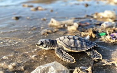 A turtle hatchling trying to crawl to the sea, struggling to avoid plastic debris on the beach, close up
