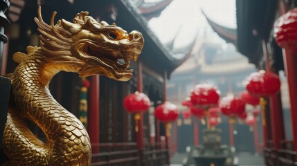 Obraz premium Guardian Golden Snake Protecting Temple Courtyard Ancient Location Cultural Imagery Mystical Environment Serene Viewpoint