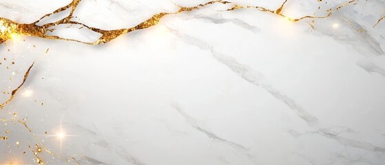 Elegant White Marble Texture Background with Golden Veins and Glitter Luxury Design