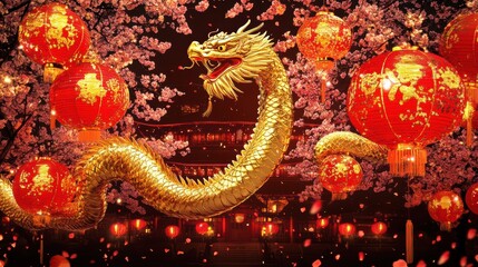 Obraz premium Mystical Golden Snake Dance Amid Temple Courtyards Enchanted Lantern Festival Cultural Celebration Serene Night Ethereal Beauty