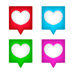 Heart shape in square speech bubble, colorful love symbols, vector illustration.