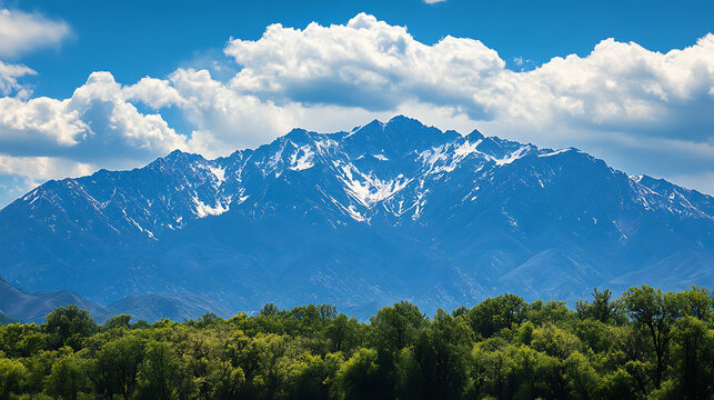 A scenic view of snow-capped mountains under a blue sky with fluffy clouds and green trees.