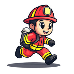 A cartoon illustration of a happy young firefighter running in a red uniform and helmet.