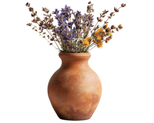 Dried flowers in a rustic vase, white isolated background.