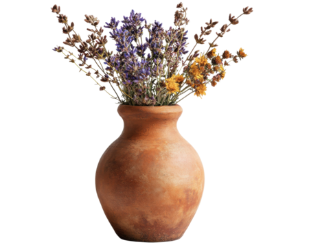 Dried flowers in a rustic vase, white isolated background.