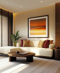 Modern minimalist living room, beige walls, white sofa, wooden coffee table, abstract orange and yellow artwork, spherical pendant lights, red accent pillows, potted plant, natural light from window, 