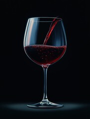 Close-up image of red wine pouring into a crystal wine glass against a dark background.