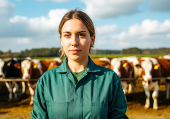 Young female farmer in green overalls standing in field with cows