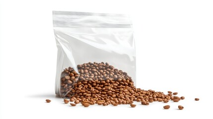 Resealable plastic bag with zipper and seed pile for pet food, coffee beans, or tea. Mock-up isolated on white.