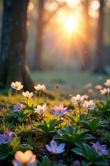 Obraz premium Hintergrund mit Blumenstr?u?en und Fr?hjahrssonnenlicht, greenery, arrangement, colorful