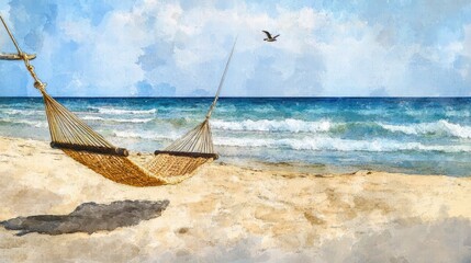 Obraz premium Relaxing Afternoon by the Ocean Beach Hammock Experience Seaside Art Tranquil Setting Serene View Coastal Retreat