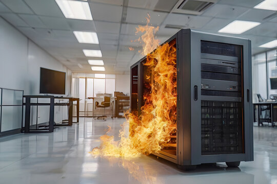 Computer hot heat explosion broke with fire flame conflagration damage in emergency risk security in danger data center workstation server room background - Powered by Adobe