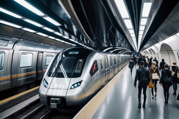 A silver train is at a station with people walking around it