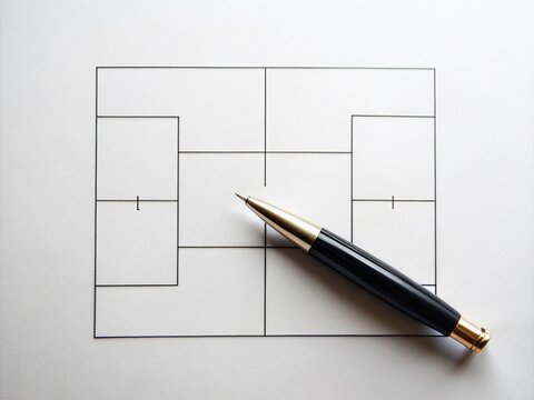 Minimalist Blank Basketball Tournament Bracket Grid with Pen on White Paper