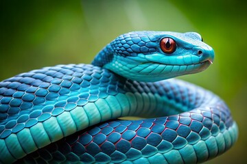 Fototapeta premium Minimalist Blue Viper Snake Photography: Striking Scales & Elegant Pose