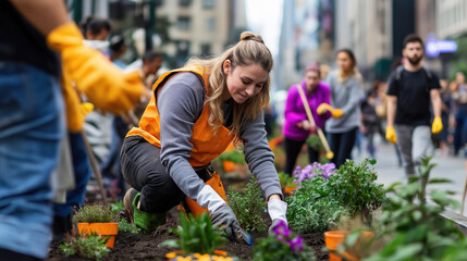 A group of volunteers plants flowers in an urban area, promoting community service and environmental beautification.
