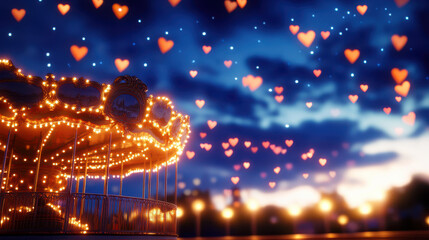 whimsical carousel adorned with glowing lights and heart shaped decorations