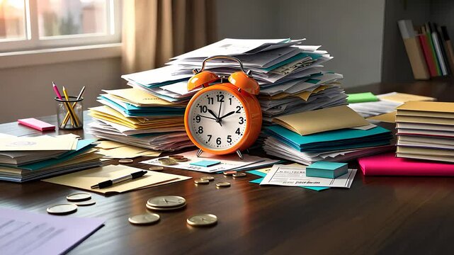 Cluttered Office Desk with Orange Alarm Clock, Piles of Documents, Coins, and Stationery in a Sunlit Room

