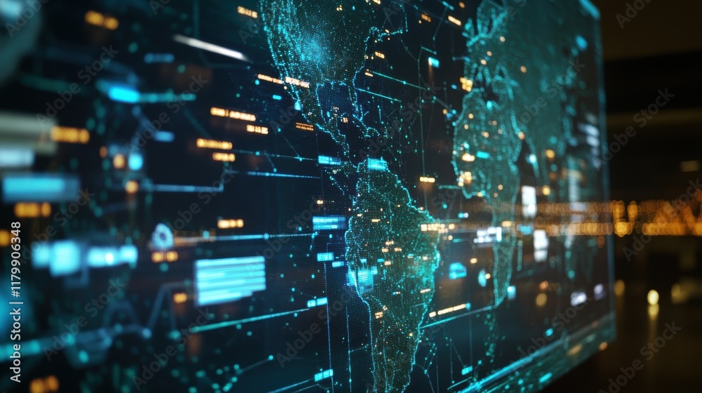 Poster futuristic digital interface displaying a world map with glowing lines, nodes, and data points, repr