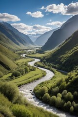 A river runs through a valley with mountains in the background