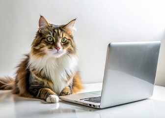 Minimalist Cat Laptop White Background Stock Photo - Cozy Work From Home