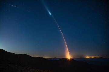 A rocket is launched into the sky, leaving a trail of light behind it