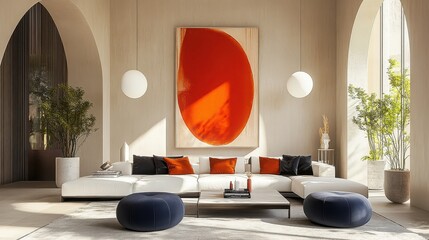 Minimalist living room, arched windows, white walls, orange abstract artwork, round ottoman, low profile sofa, potted plants, natural light, geometric shapes, modern interior design, warm color accent