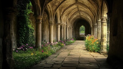 Fototapeta premium An ancient cloister with stone arches covered in ivy a wildflower garden illuminated by soft beams of light
