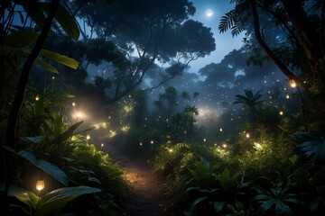 A forest at night with glowing lights in the trees