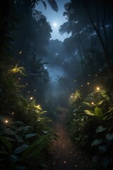 A forest path is lit up by glowing fireflies