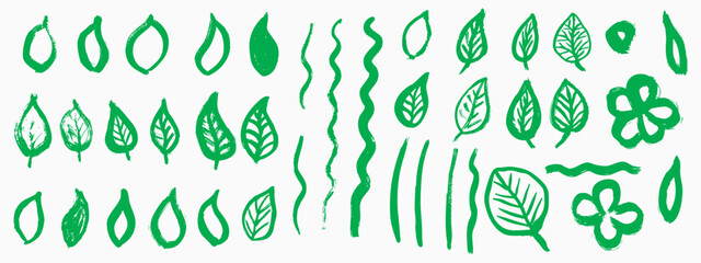 Grunge dry brush leaves set, hand drawn, vector, isolated