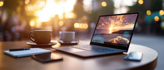 A serene workspace featuring a laptop, coffee cups, and a notepad, set against a warm sunset backdrop.